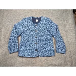 J Crew ReImagined Quilted Coat 4P Blue Floral Buttons Lined Pockets Cotton Blend